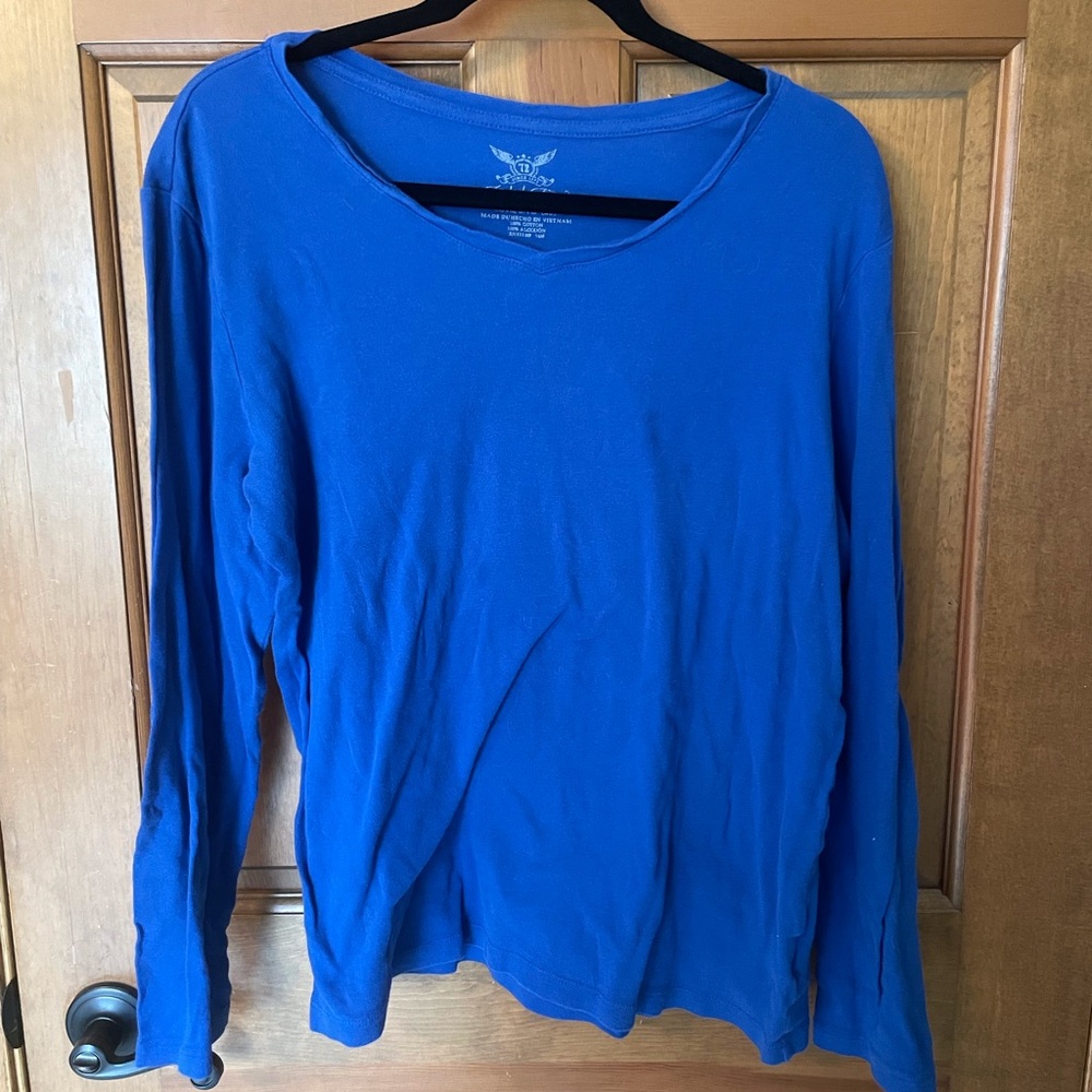 Blue Long-Sleeve Cotton V-Neck Women's Top